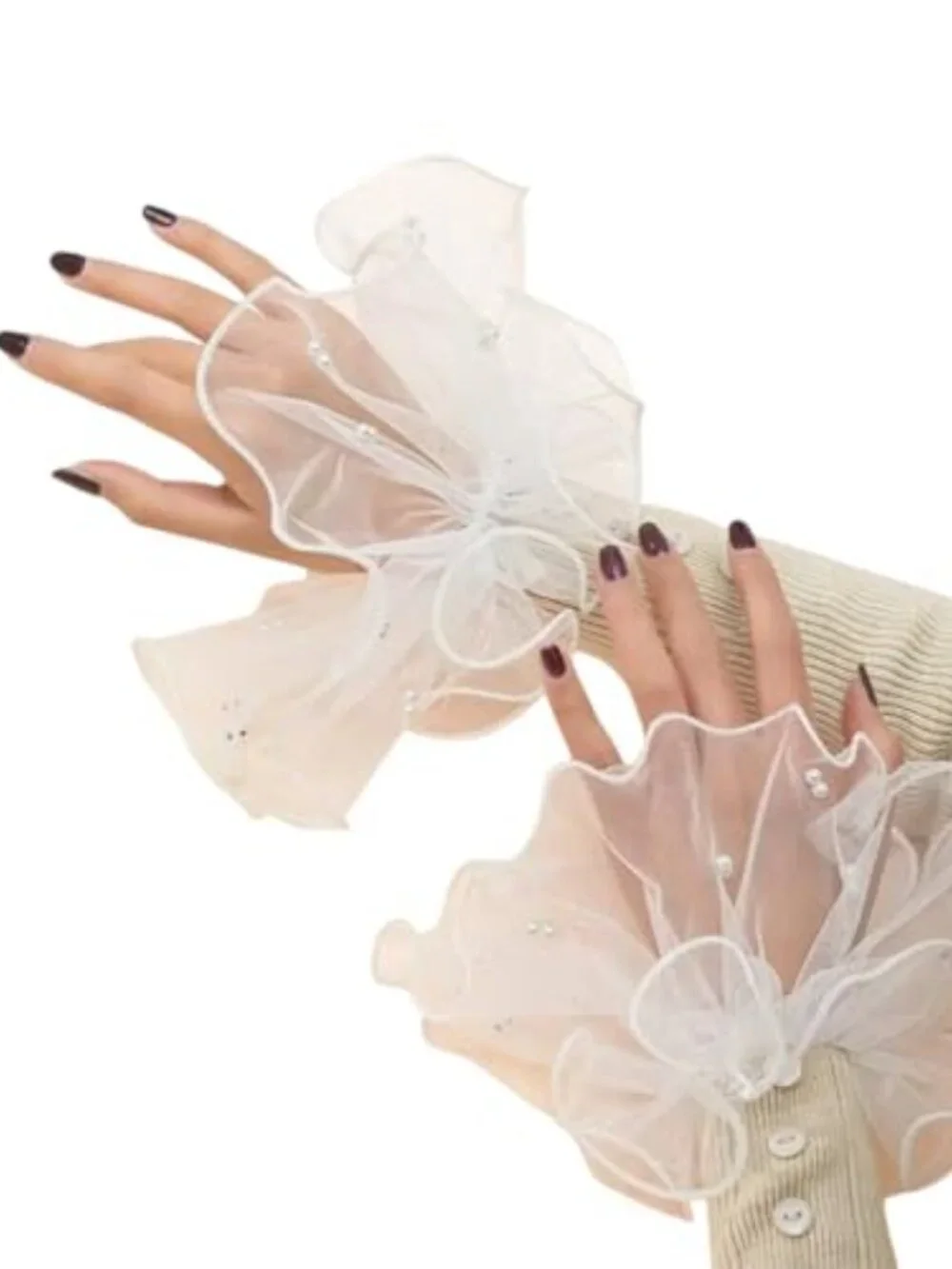 Pearl Lace Mesh Hand Sleeves Cuffs Elastic Bracelet Party Bride Wedding Gloves